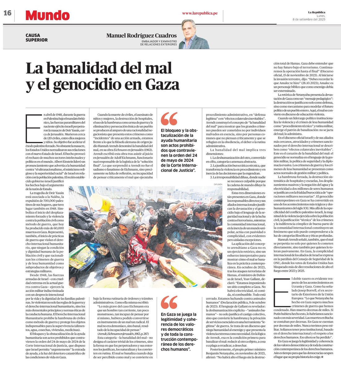 Columna publicada en <a href="/larepublica_pe/">La República</a> , La banalidad del mal y el genocidio en Gaza.