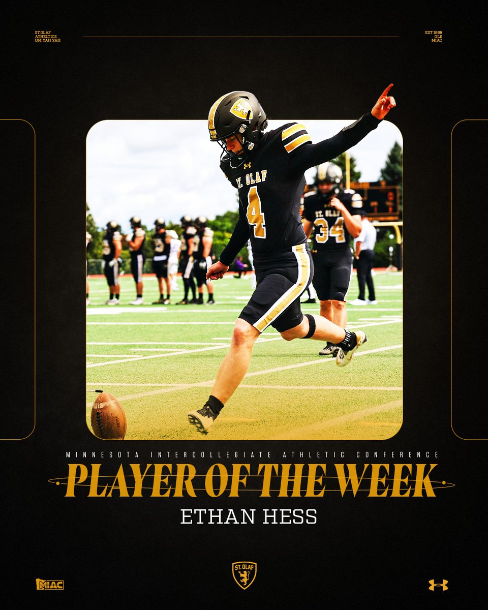 In his debut as <a href="/StOlafFB/">St. Olaf Football</a>'s primary placekicker, Ethan Hess nailed all six of his kicks to earn #MIAC Special Teams Player of the Week honors!

RELEASE: athletics.stolaf.edu/news/2025/9/8/…

#UmYahYah | #OlePride | #d3fb