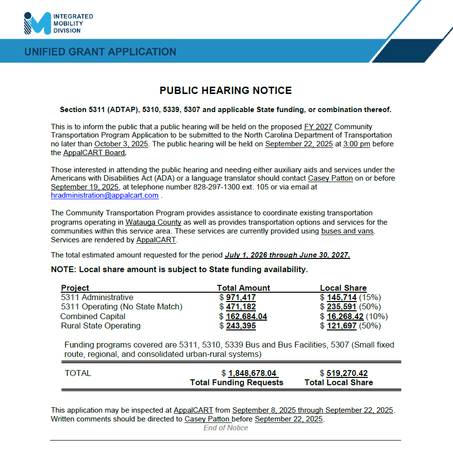 Grant applications public hearing can be found at appalcart.com/post/2027-5311…