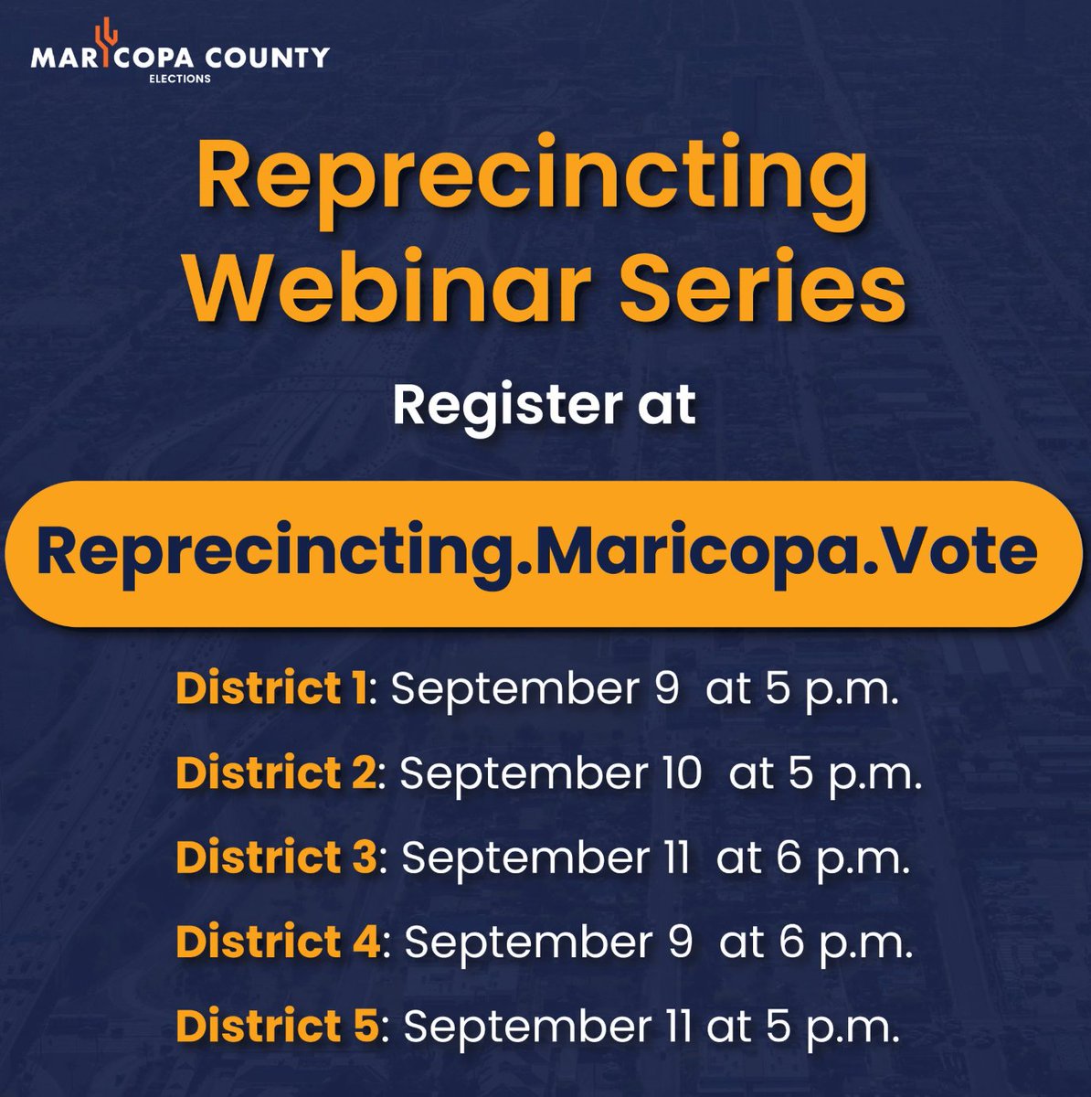 🗓️🖊️District 3 mark your calendar for September 11th at 6PM. Maricopa County is hosting a virtual meeting to share proposed voter precinct changes and gather public comment.

Please register below⬇️
Reprecincting.Maricopa.Vote.