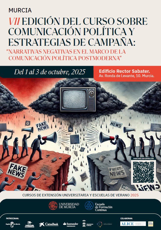 VII edición del curso “Comunicación política y estrategias de campaña” de la <a href="/UMU/">Universidad Murcia</a>. 

Este año dedicado a la comunicación política negativa y al análisis de la polarización.

‼️‼️ Matrícula todavía abierta: um.es/web/cursosdeex…