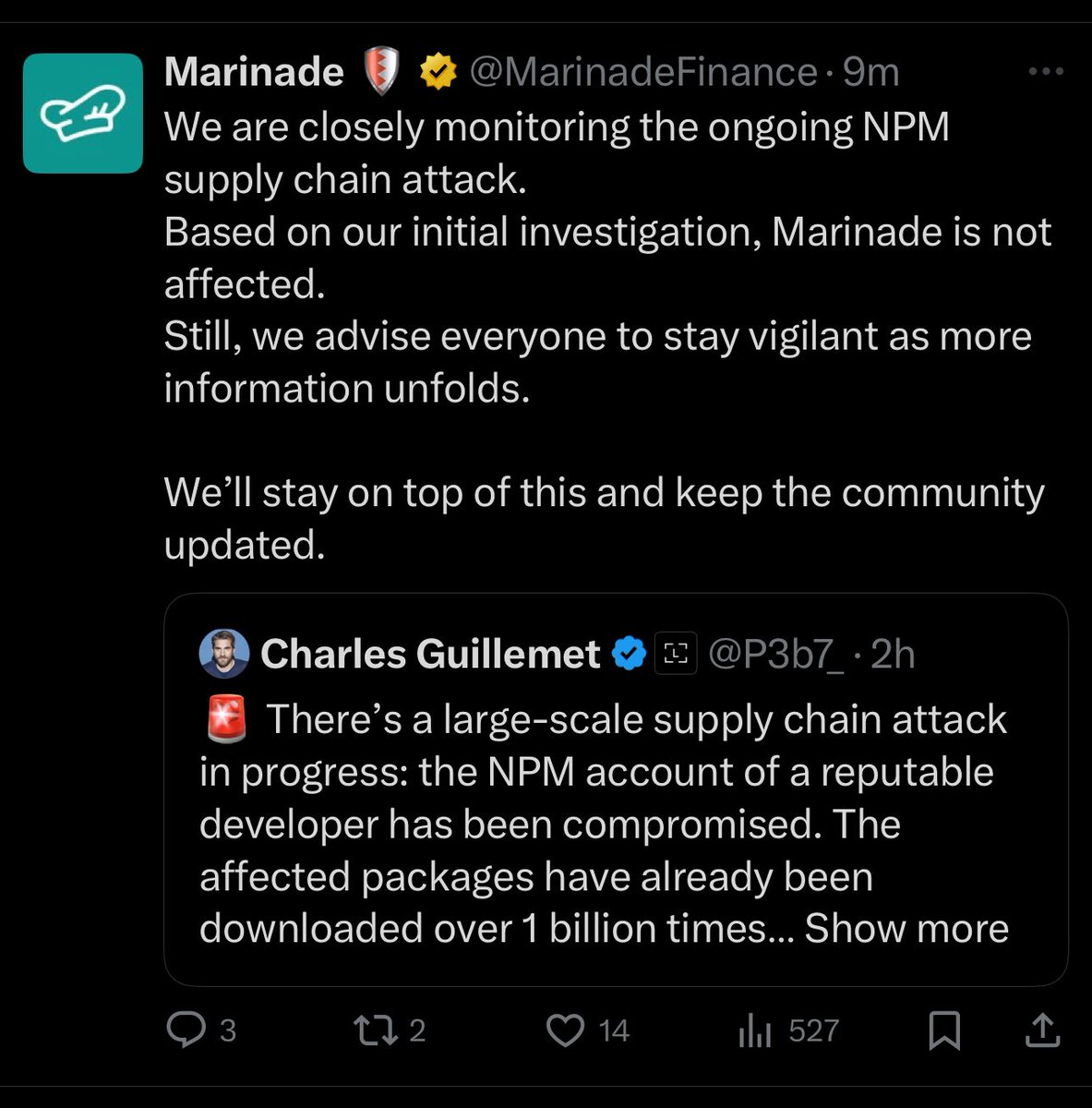 Marinade Finance 关于 NPM 供应链攻击的官方更新截图