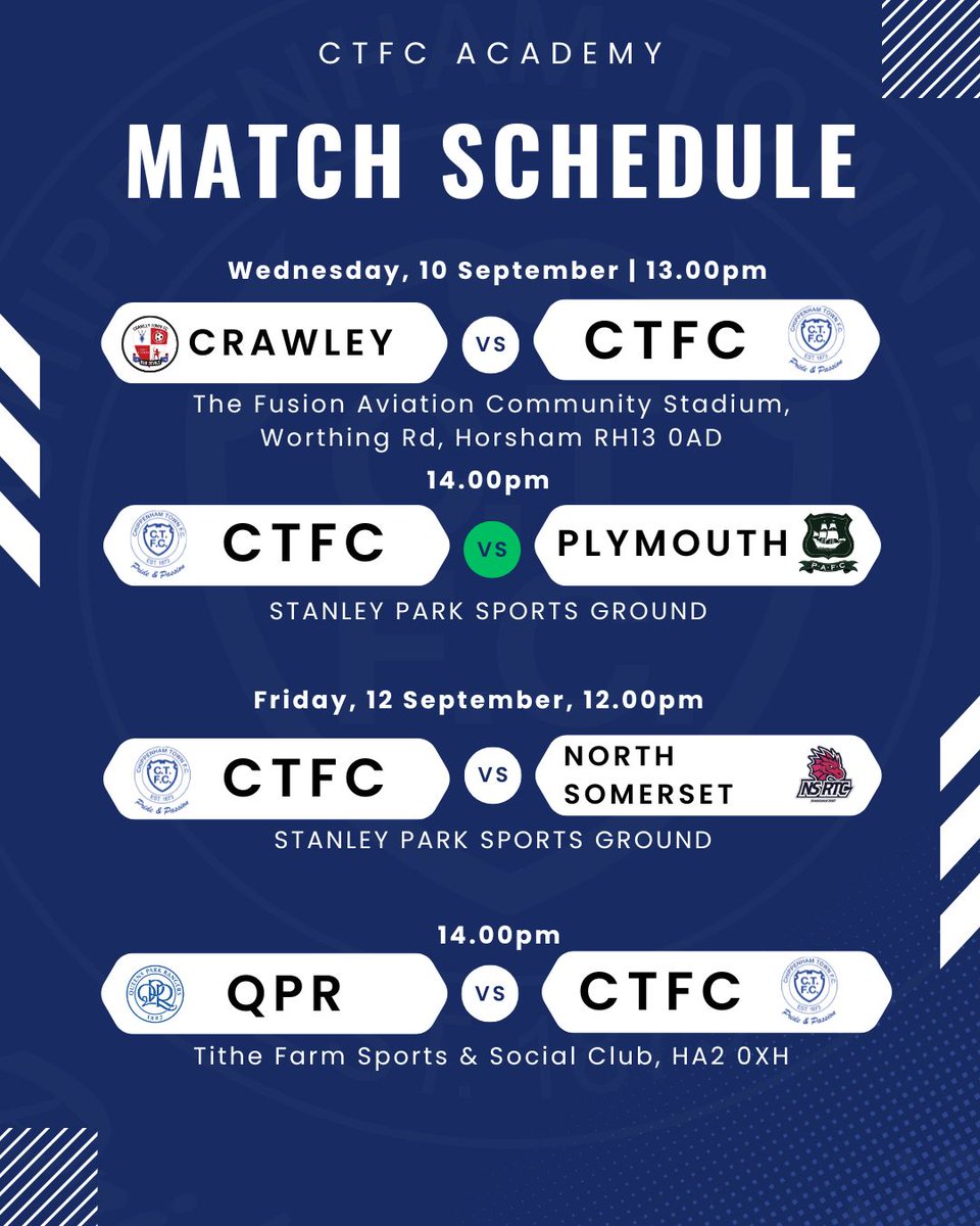 Chippenham Town FC U17 - U19 Academy & B Team (@chiptownacademy) on Twitter photo π
This week at the CTFC Academy!
πOn Wednesday the <a href="/NFYLU19U23/">National Football Youth League</a> Premier & Championship get's underway!
β½On Friday we host in a friendly North Somerset & travel to QPR in the NYFL South Reserves!
#BlueArmy π
This week at the CTFC Academy!
πOn Wednesday the <a href="/NFYLU19U23/">National Football Youth League</a> Premier & Championship get's underway!
β½On Friday we host in a friendly North Somerset & travel to QPR in the NYFL South Reserves!
#BlueArmy