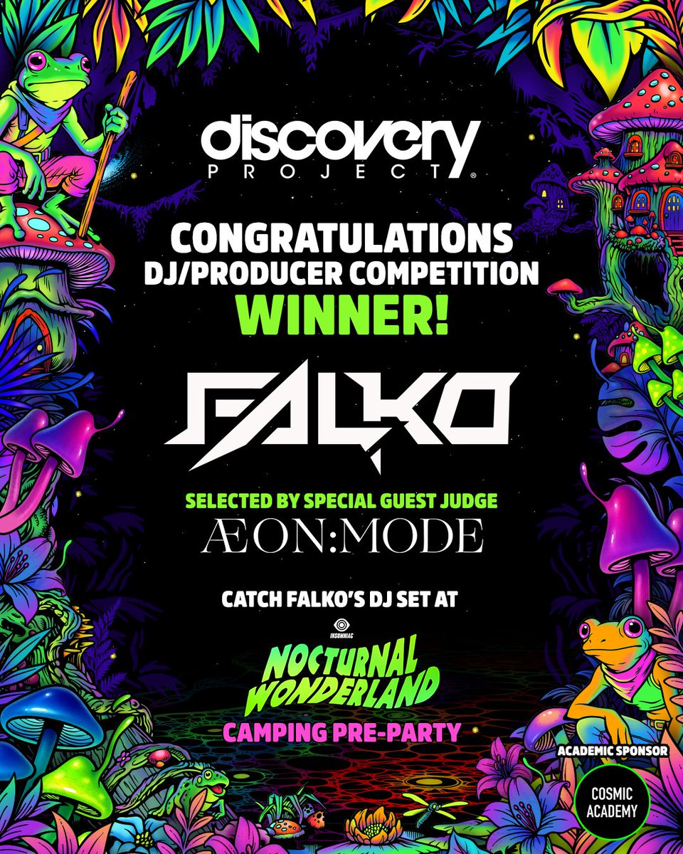 discoveryprjct's tweet image. Congratulations to our @NocturnalWland Camping Pre-Party #DiscoveryProject winner, @Falkosound! 🙌 Hand selected by our special guest judge, @aeon_mode 💫

Catch him at the Camping Pre-Party on Friday, September 12th at 6PM! 💜🔊