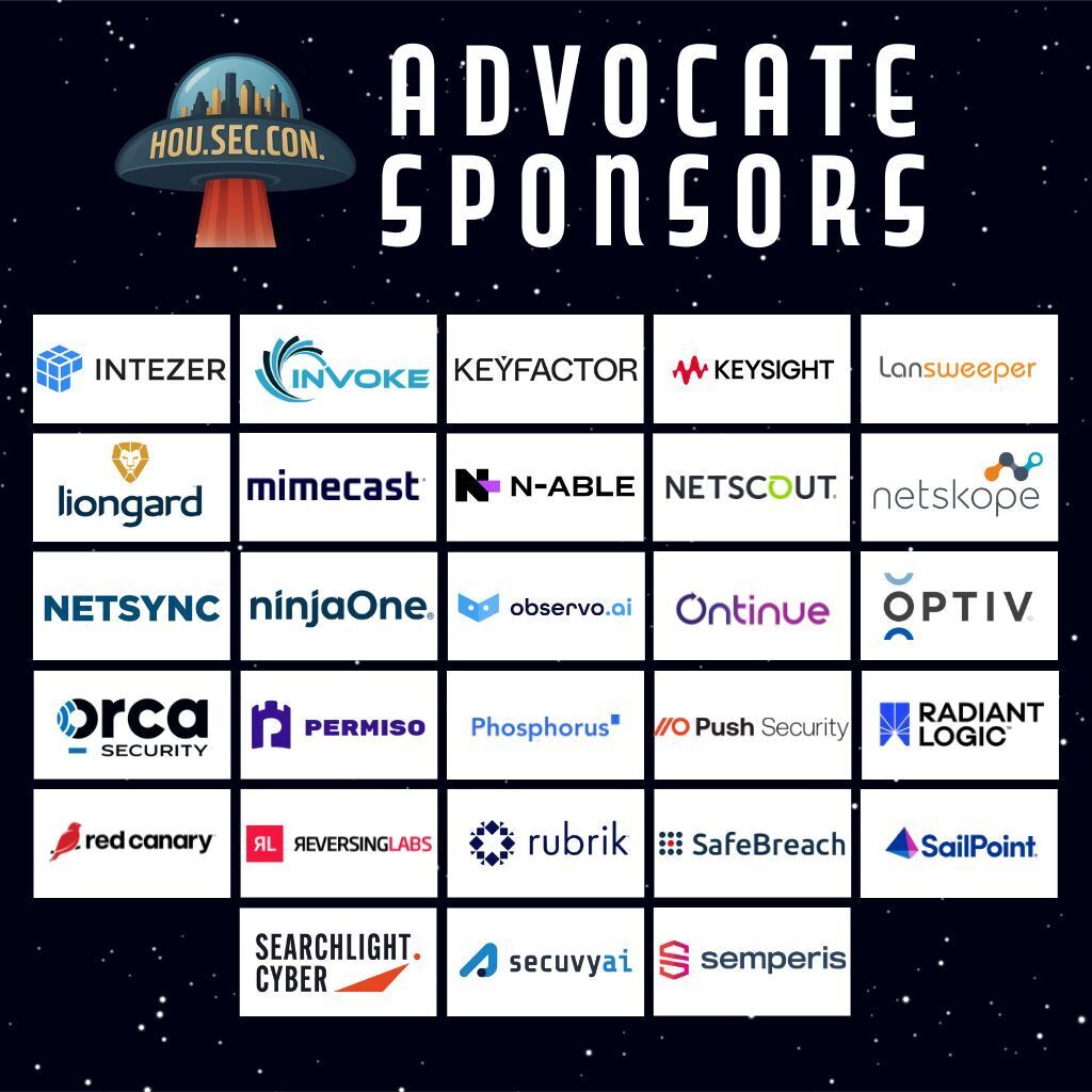 CybrSecCon's tweet image. Thank you to our Advocate Sponsors!

There are only 10 advocate booths left and exhibitor registration will close on September 15, 2025! Reach out today to learn more about becoming an exhibitor: info@houstonseccon.com

#HOUSECCON #LearnandDefend #Cybersecurity #Community…