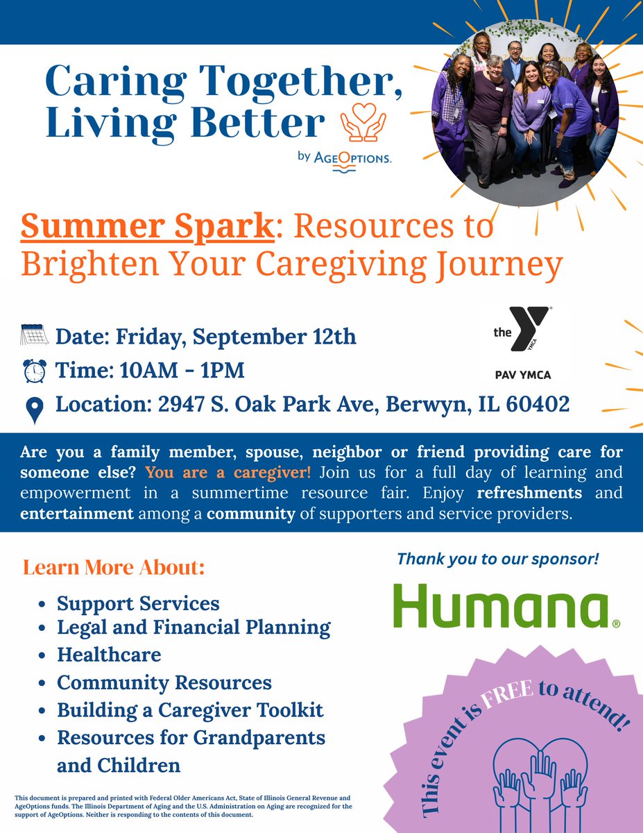 Don’t miss our FREE Caregiver Resource Fair at the PAV YMCA, Berwyn 
 Friday, Sept 12 | ⏰ 10 AM – 1 PM

Explore resources
Free legal &amp; health screenings
Entertainment
Raffle prizes &amp; more!

Big thanks to <a href="/Humana/">Humana</a>  for sponsoring 💐