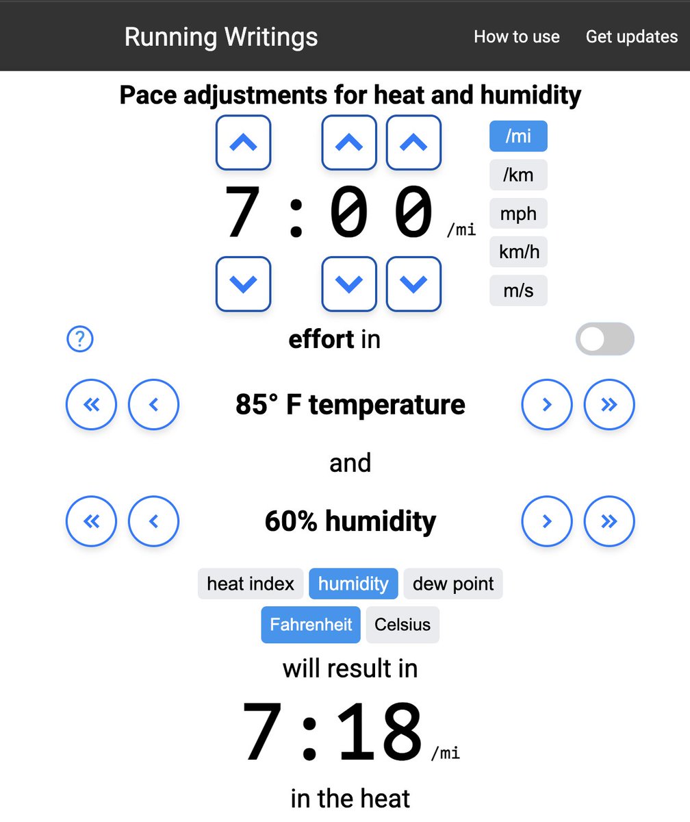 JDruns's tweet image. 🚨 New app! 🚨 Check out my heat-adjusted pace calculator! Account for heat and humidity during long workouts and races. Link below 👇