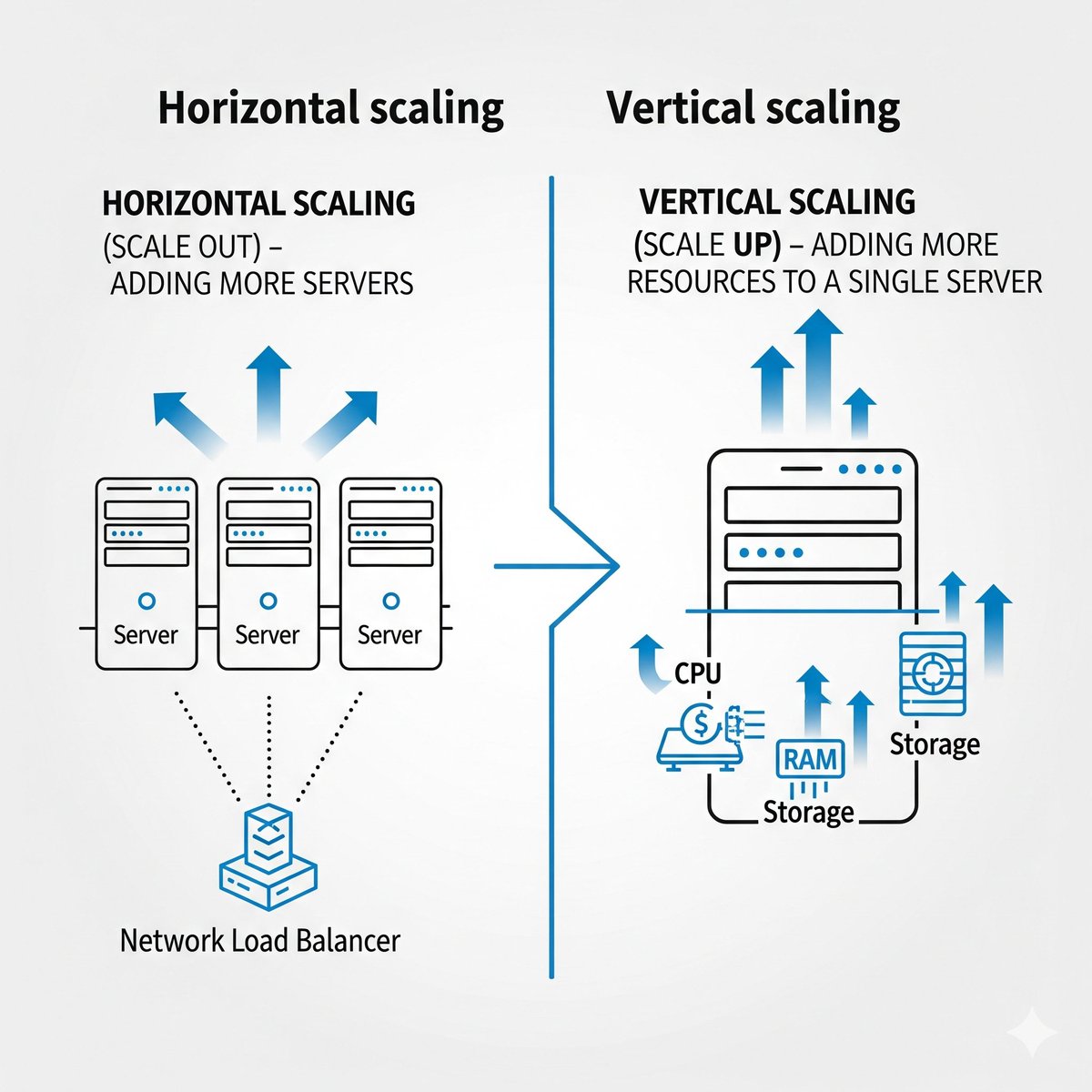 Scaling (Horizontal vs Vertical)

What is Scaling?

→ Scaling is how a system grows to handle more traffic or workload.
→ You either make one server stronger or add more servers to share the load.

Vertical Scaling (Scale Up)

→ Add more CPU, RAM, or storage to a single