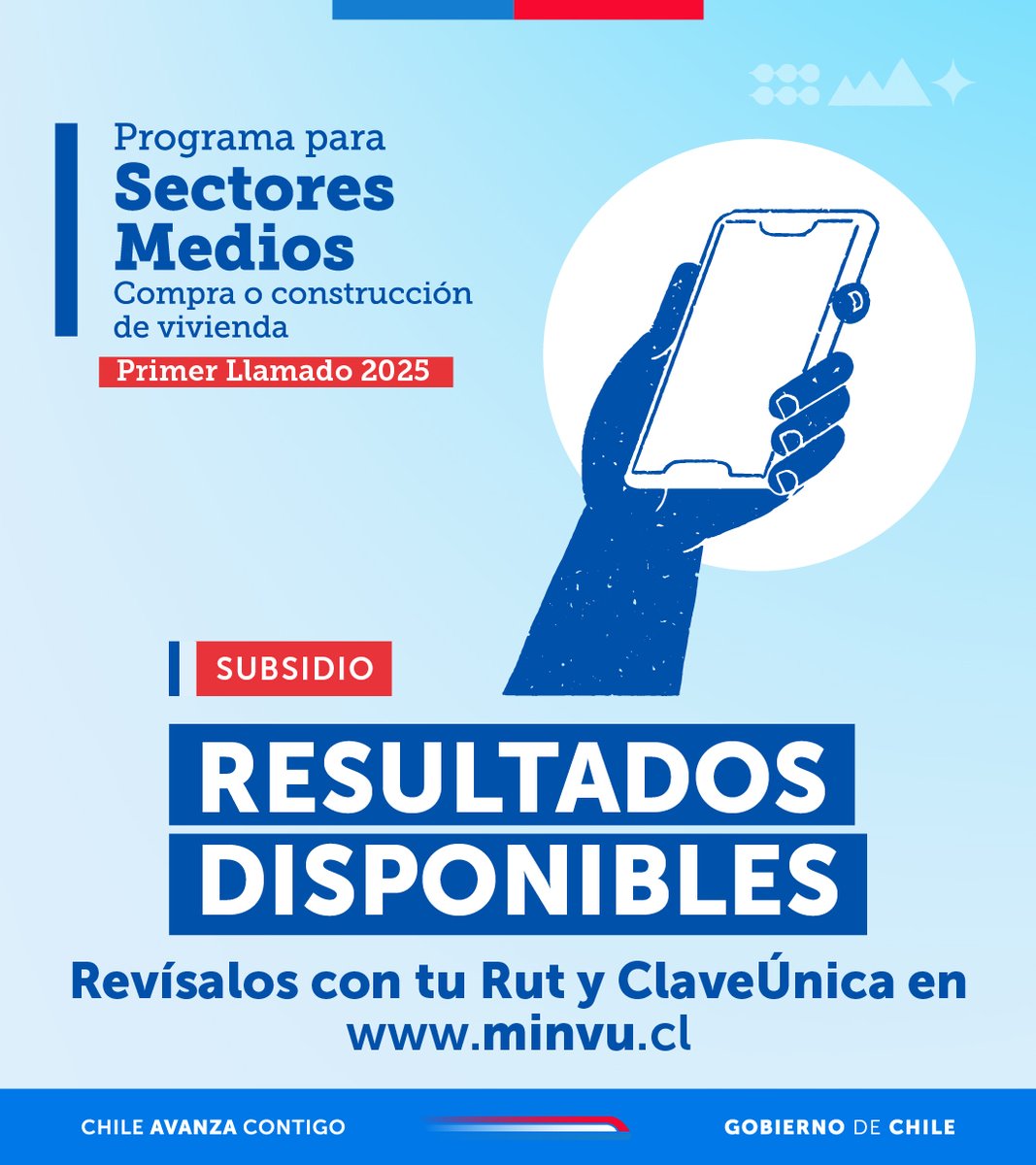 🏡 ¡Buenas noticias! Ya están disponibles los resultados del Subsidio para Sectores Medios (DS1)

Más de 6.900 familias fueron seleccionadas en este primer llamado 2025 ✨

Revisa los resultados en 👉 minvu.cl

💪
