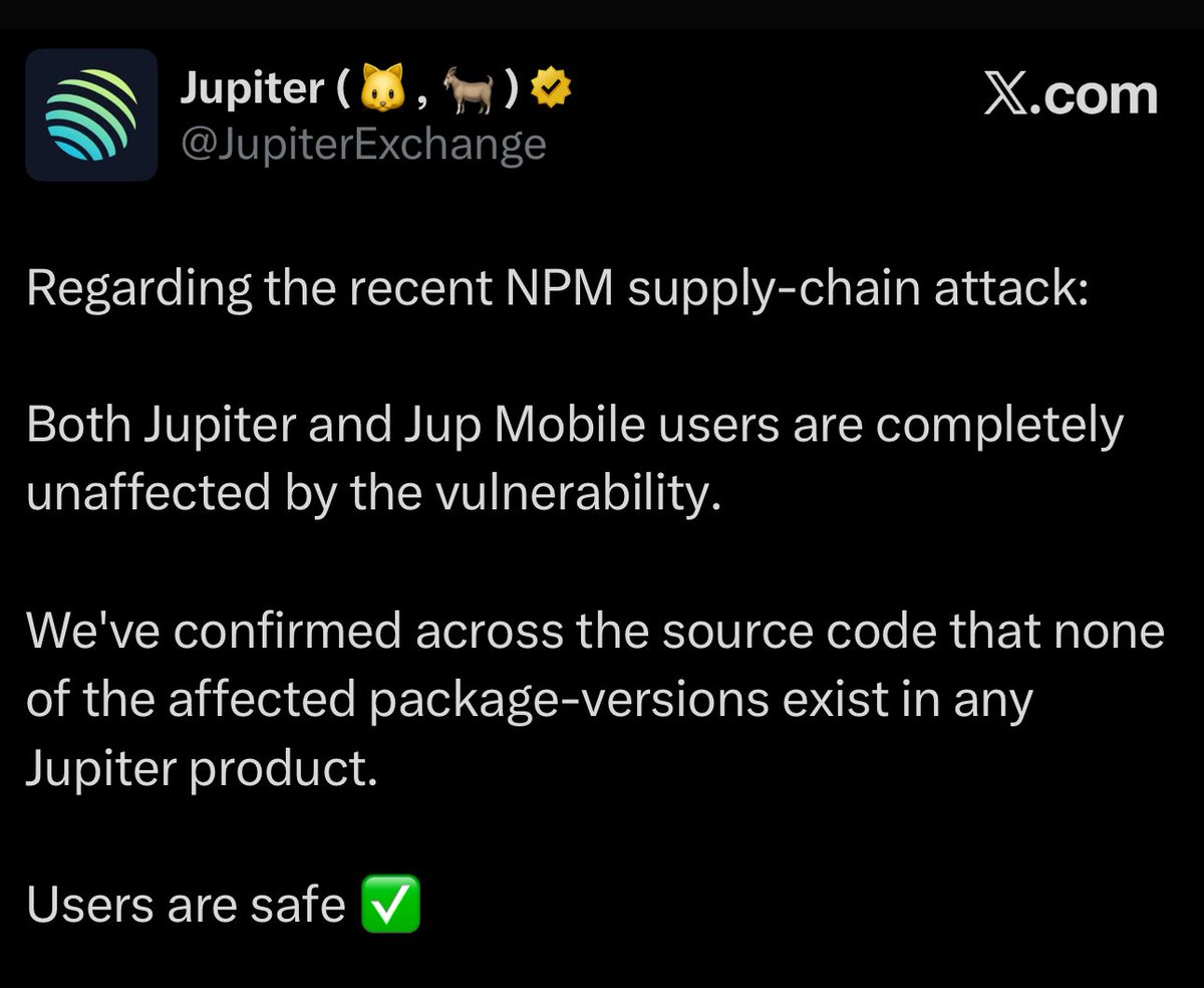 Jupiter Exchange announcement screenshot regarding NPM supply chain attack
