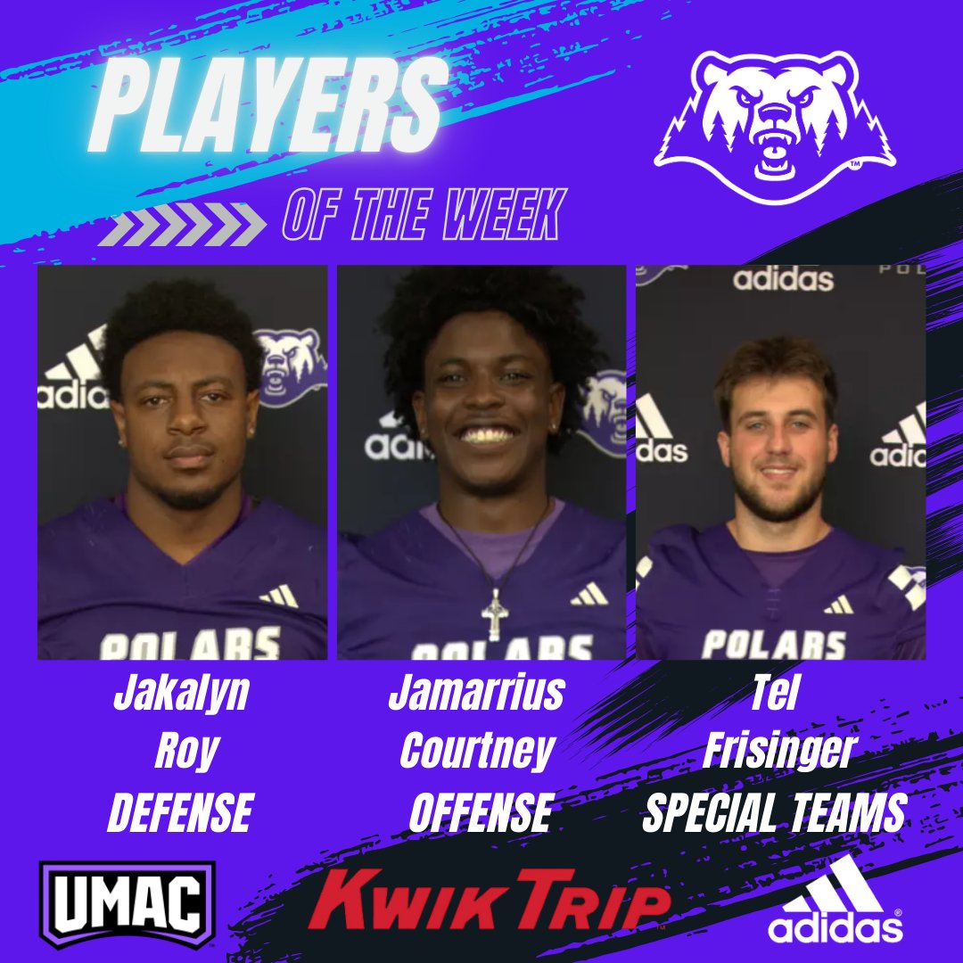 This week’s Polars Players of the Week ❄️

🛡️ Defense: Jakalyn Roy (DL) 
⚡ Offense: Jamarrius Courtney (QB)
🔥 Special Teams: Tel Frisinger (DL)

#BeDangerous | #CrownCollege