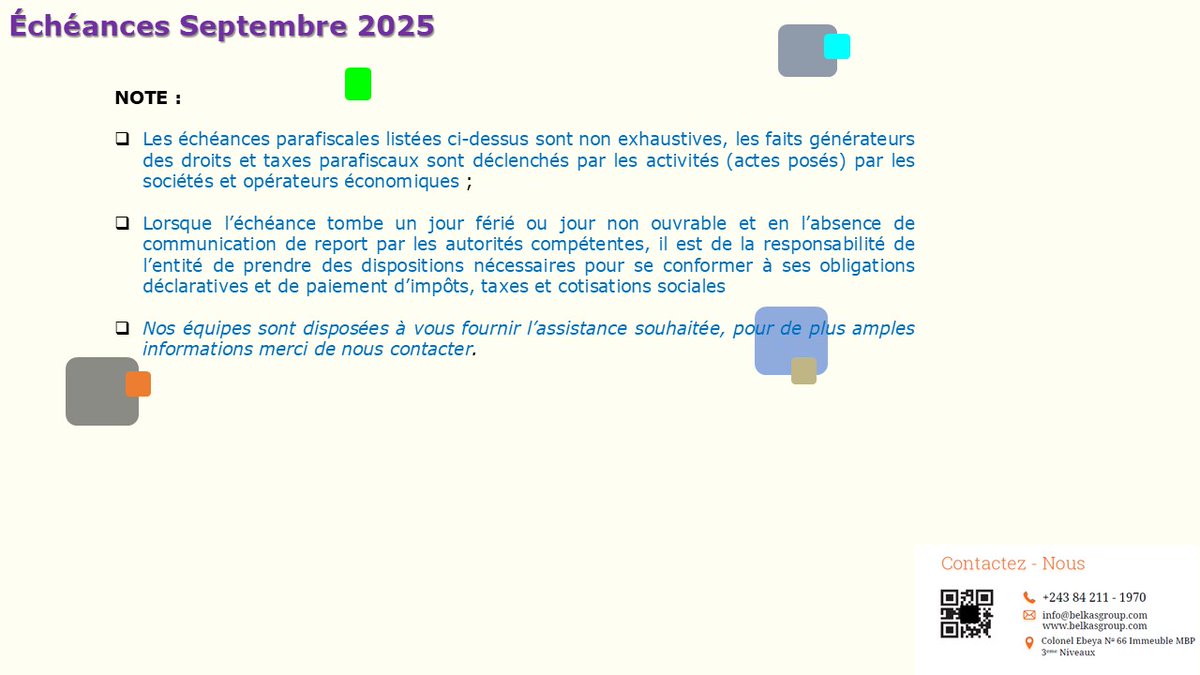 Échéances Fiscale et parafiscale du mois de septembre 2025 : <a href="/BelkasgroupSAS/">Belkas group SAS</a> , faire des risques d’aujourd'hui des opportunités de demain.