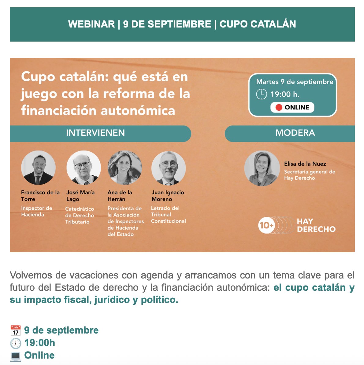 🔔Nuevo evento 
Webinar: Cupo catalán “qué está en juego con la reforma de la financiación autonómica” 
Interviene nuestro IP, Prof. José María Lago Montero 
Inscripción 👉 acortar.link/YjmdRz
Más información 👇