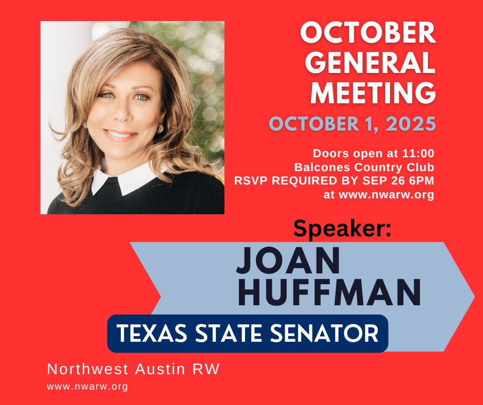 NWAustinRW's tweet photo. Texas Senator Joan Huffman chairs the Finance Committee and has served in the TX Senate since 2008.  We're looking forward to hearing from her! https://t.co/H5ar4oFDY6