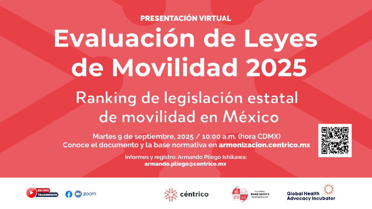 Mañana 9 a las 10:00 a.m. (CDMX) se presentará de manera virtual el borrador de la evaluación de las leyes estatales en movilidad y seguridad vial, realizada por Céntrico con el apoyo de GHAI y GRSP.

Sigue la transmisión en línea a través de las redes sociales de <a href="/puntocentrico/">Céntric@</a>