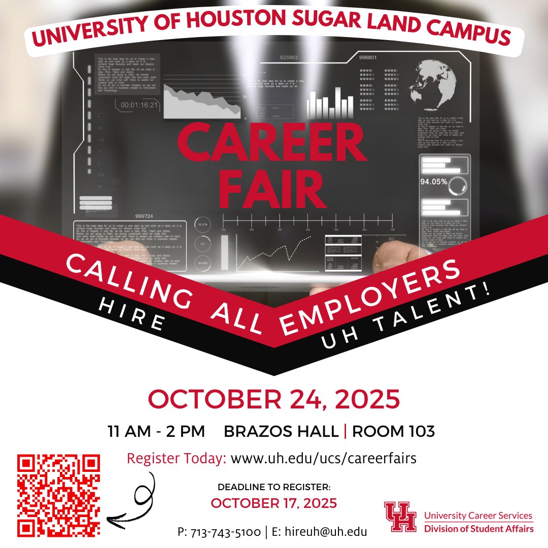 📢ATTENTION Employers &amp; Recruiters! Register today for the Fall 2025 <a href="/UHouston/">University of Houston</a> at Sugar Land Career Fair, hosted by <a href="/CoogCareers/">UH Career Services</a>! This event is open to all majors and community members! #CoogCareers