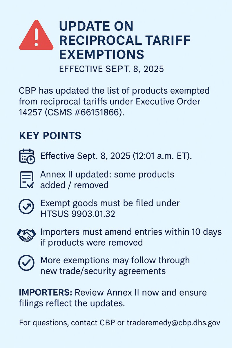 YLK_trade_law's tweet image. 🚨What should importers do now that the Reciprocal Tariff Exemptions (CSMS #66151866) are in effect?

If you need assistance, please contact YLK Trade Law at yleekim@ylktradelaw.com.
#TradeCompliance #ReciprocalTariffs #tariffs #tariffexemption #chicagolawyer #internationaltrade
