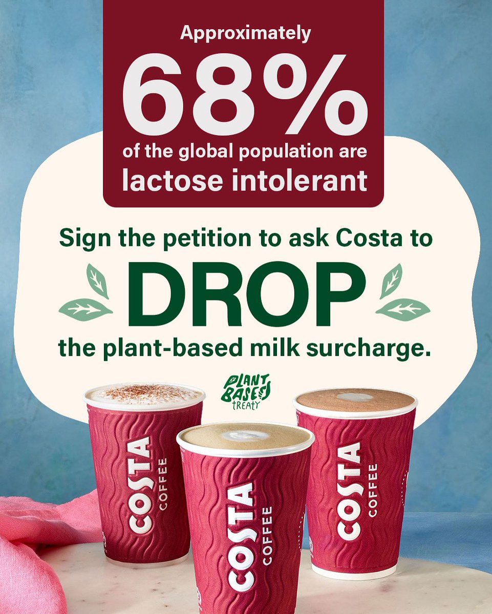 68% of the global population is lactose intolerant, yet <a href="/CostaCoffee/">Costa Coffee</a> still charges EXTRA for plant-based milk.

This isn’t just unfair, it’s discrimination against those who can’t or choose not to consume dairy.

☕️ Sign the petition: drove.com/campaign/68510…