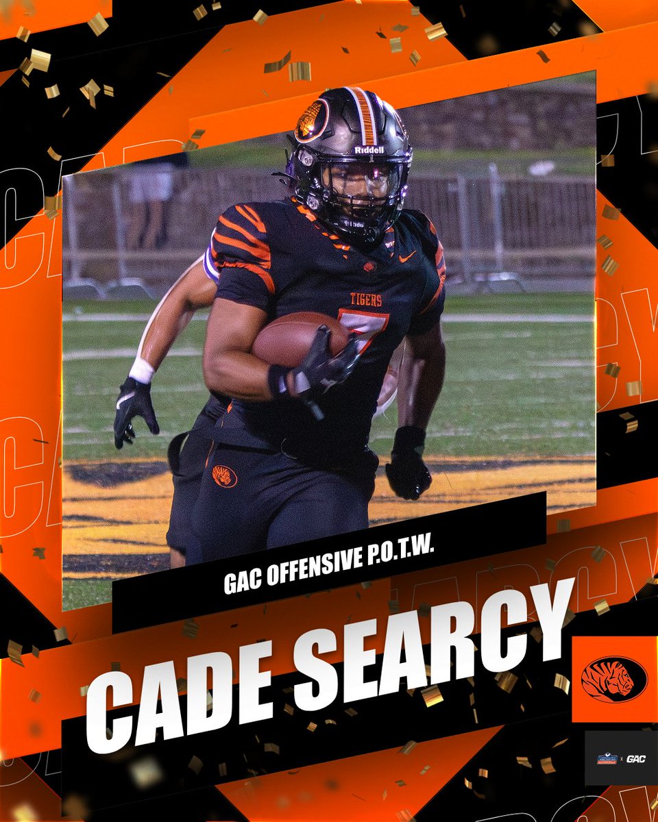 Career night. Conference spotlight. 🏆

Cade Searcy is your GAC Offensive Player of the Week after leading the league with 174 rushing yards and 2 touchdowns in the Tigers’ season-opening victory 📈🔥

📰 ecutigers.com/news/2025/9/8/…

#GoTigers