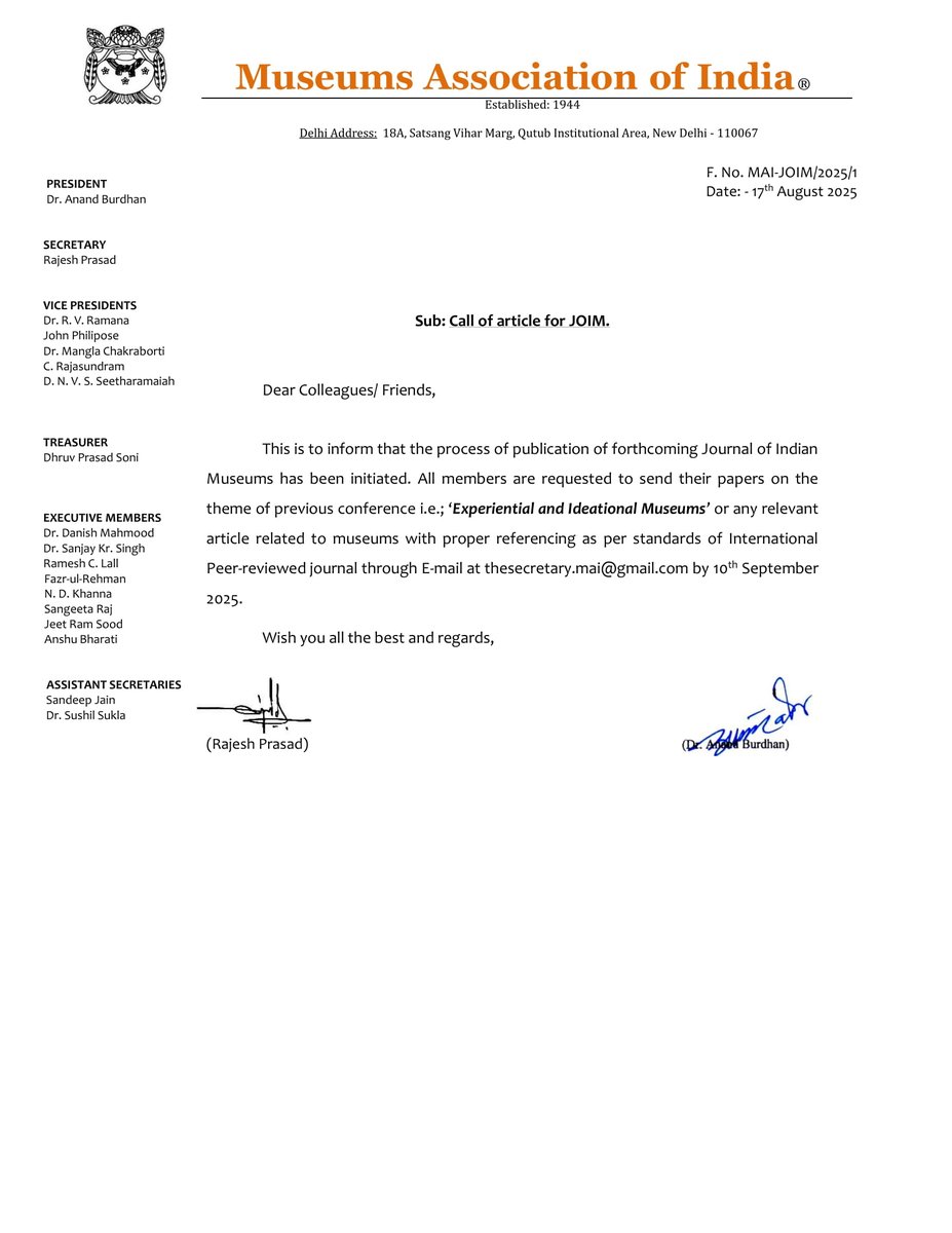 MAI_1944's tweet photo. Circular for: Call of Article in JOIM.

#Conference #Conference2025
#InternationalConference #InternationalConference2025
#MAI #MuseumsAssociationofIndia 
#IGRMS #IndiraGandhiRashtriyaManavSangrahalaya
#Bhopal #MadhyaPradesh
#BhopalNews #MadhyaPradeshNews https://t.co/ZozXTUEueZ