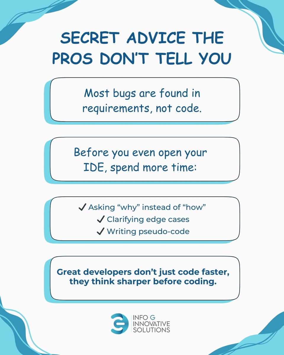 infogsolution's tweet image. Bugs usually don’t live in your code—they live in the assumptions you never questioned. 🐞
Strong devs don’t rush into an IDE.
They first clarify, question, and map edge cases.
The real skill? Thinking before coding.