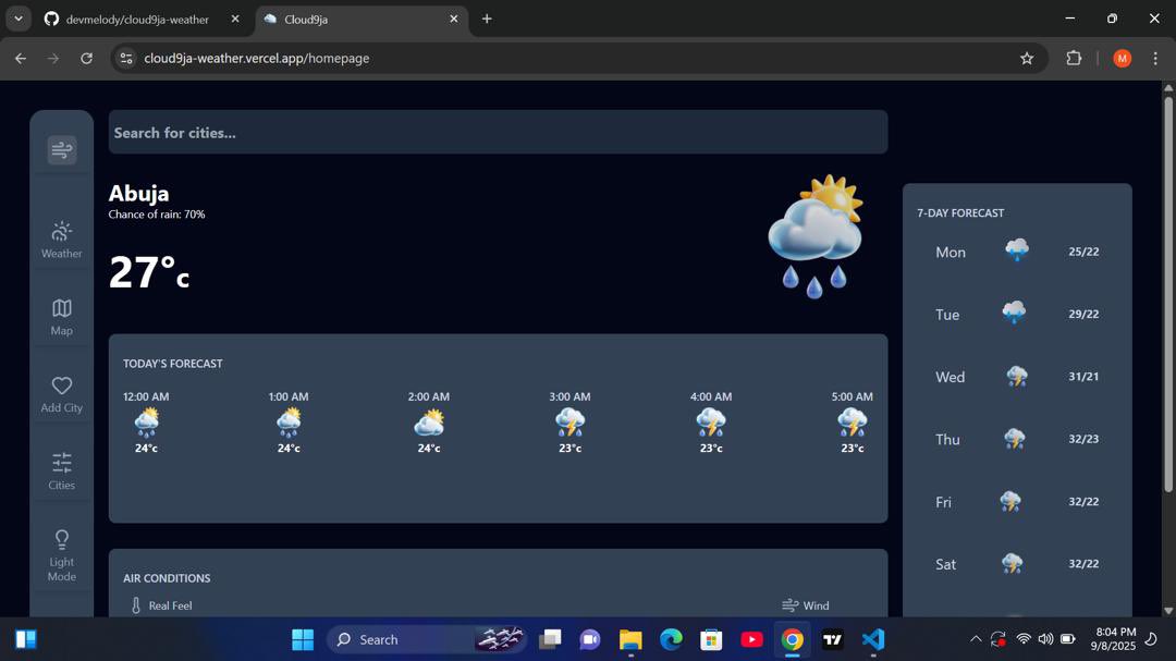 Tis been a while here.
Anyways, after weeks of migraines and second guessing myself, I finally wrapped up my capstone project for the ALX frontend program. I worked on a weather dashboard that basically does exactly what you’re thinking🙂
Here’s the link:
cloud9ja-weather.vercel.app