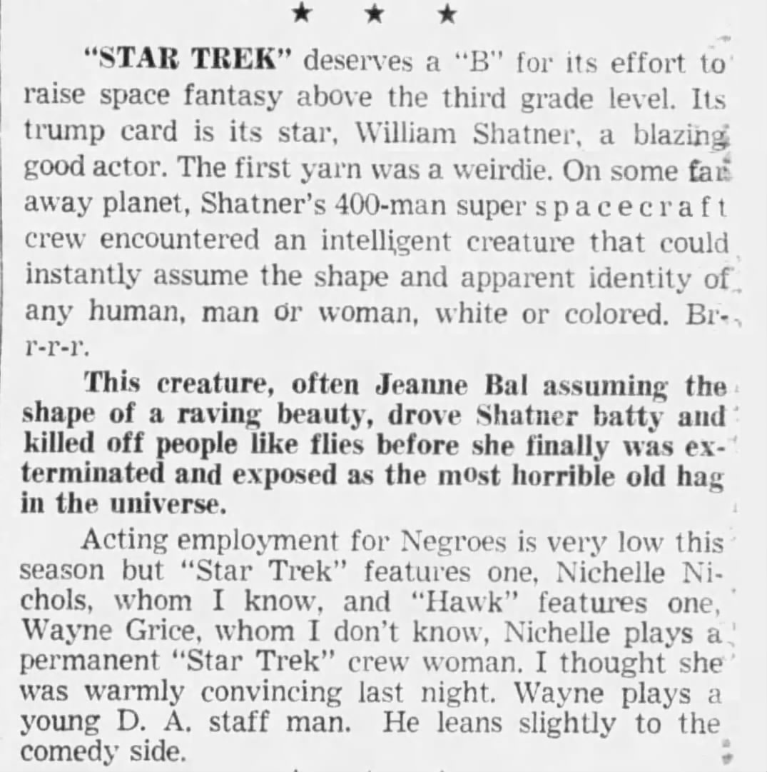 FactTreks's tweet photo. 59 years ago today, STAR TREK made its NBC-TV debut. Here are three newspaper clippings from that date.   One brief review mentions the paucity of roles for Blacks on TV that season.

#StarTrekDay #StarTrek https://t.co/PpHYHnu3xl