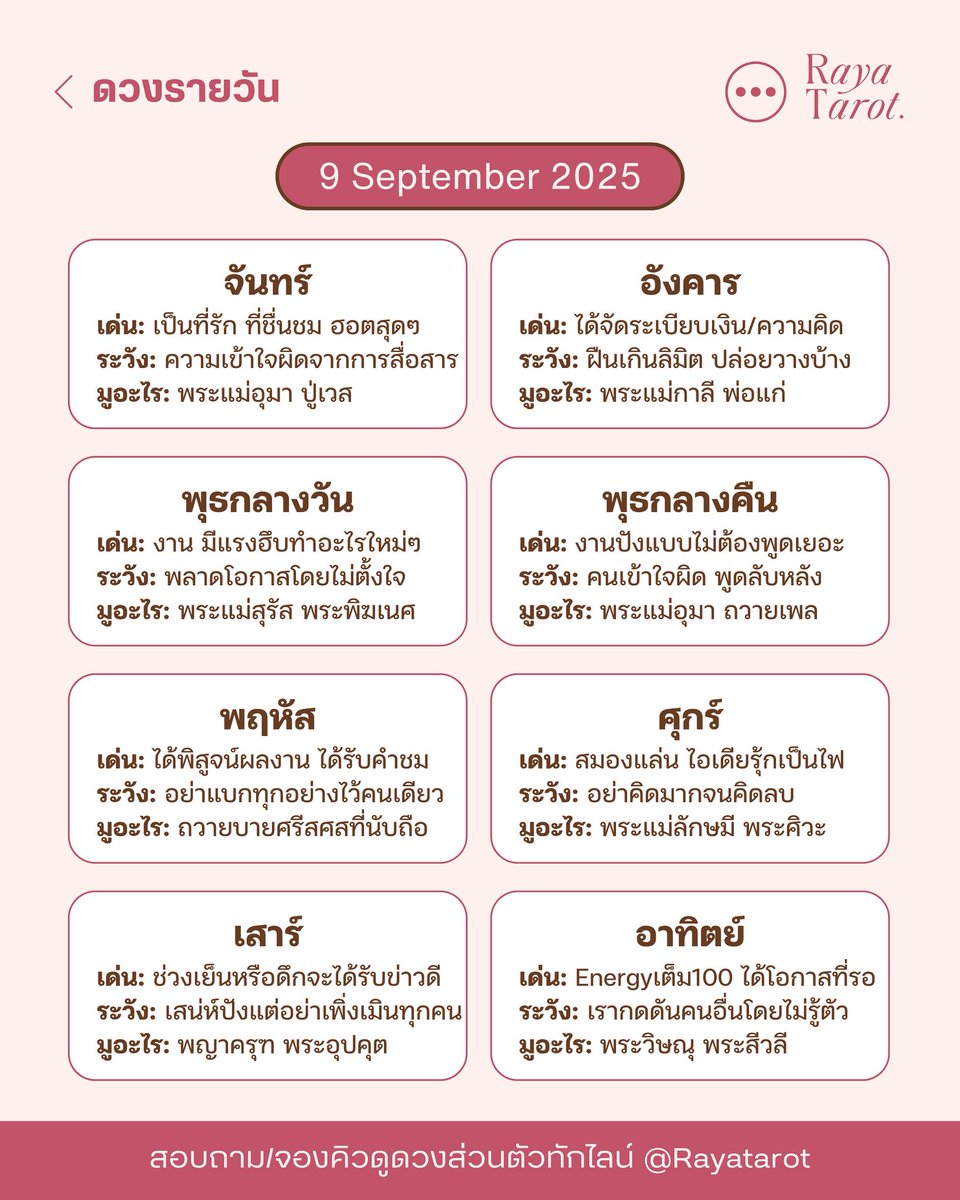 สวัสดีวันที่ 9 เดือน 9 ขอให้ทุกคนปังแบบก้าวกระโดดทุกเรื่องค่ะ 🗓️🔮❤️

#ดวงรายวัน #DailyRayaTarot #RayaTarot