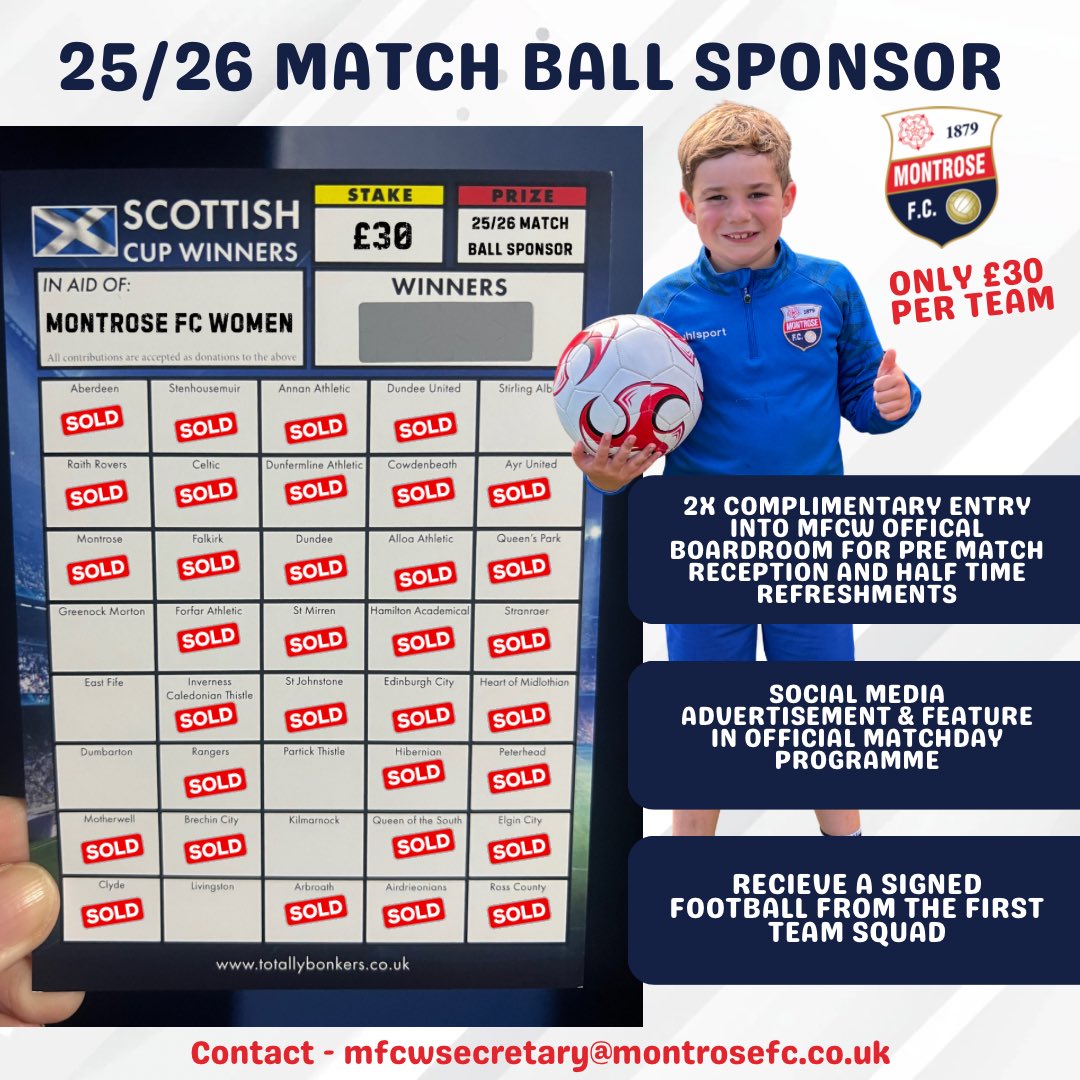 Final 7 Squares Available! 

Be part of our Match Ball Sponsor raffle – only £30 a square for this amazing opportunity!

🔹 Stirling Albion
🔹 Greenock Morton
🔹 East Fife
🔹 Dumbarton
🔹 Partick Thistle
🔹 Kilmarnock
🔹 Livingston

Don’t miss your chance to get involved