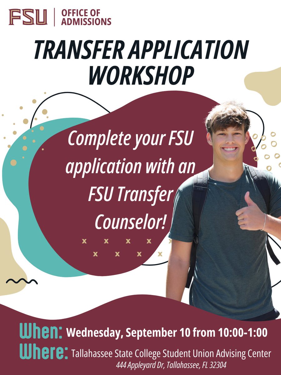 💙💛 TCC Students — planning to transfer to FSU? ❤️💛 Stop by our Transfer Application Workshop on Wed, 9/10, 10:00 – 1:00 for help completing your app!

#NowANole #FSUAdmissions