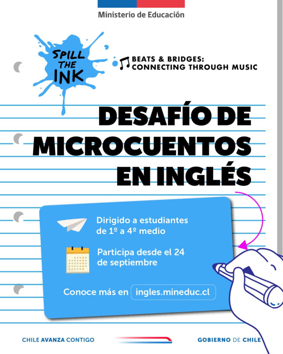 🌟 ¡Vuelve el desafío de microcuentos en inglés "Spill the Ink” en su sexta versión! 

Te invitamos a dejar volar tu imaginación, creatividad y talento para crear un microcuento de 90 a 100 palabras en inglés ✍️

Conoce más detalles en ingles.mineduc.cl 🔗

#Valdiviacl