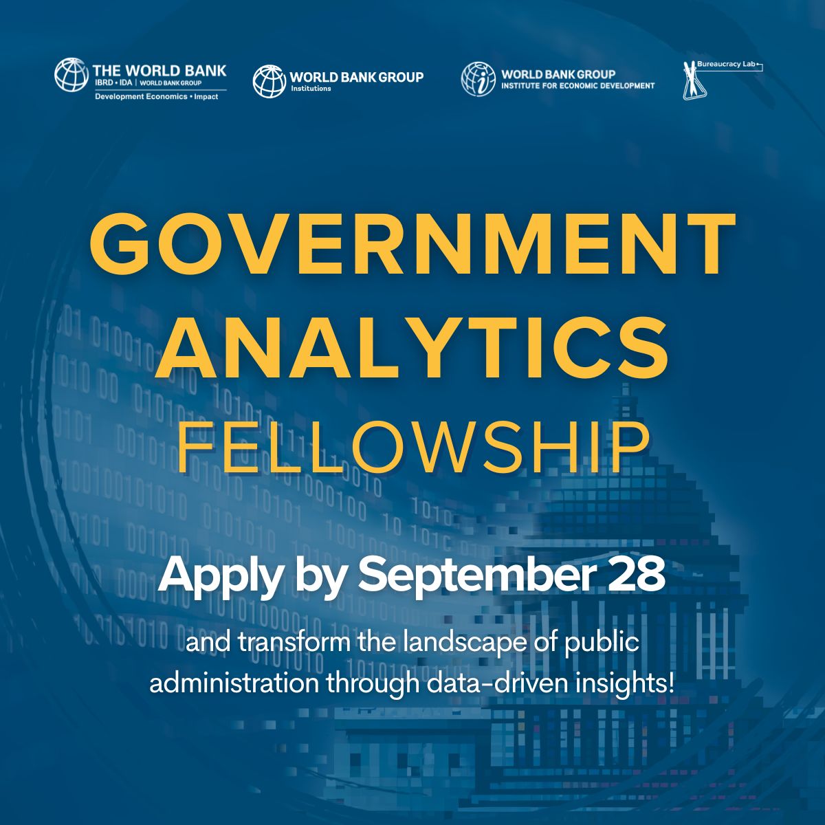 WBGPubs's tweet photo. π¨Calling all changemakers! Want to drive real impact in public service through data?
βοΈ Apply to the Government Analytics Fellowship 2026 by Sept 28 and join a global network of innovators! https://t.co/8kGrBVbAvq
#GovAnalytics #Fellowship2026 https://t.co/gaAqIhLIF1