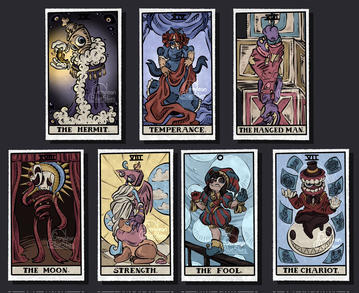 Cerulean_Arts's tweet image. Here's the full lineup of tarot cards I posted over the past week! I really enjoyed the research and planning that went along with this and I'm happy with how they all ended up!
#TheAmazingDigitalCircus #TADC