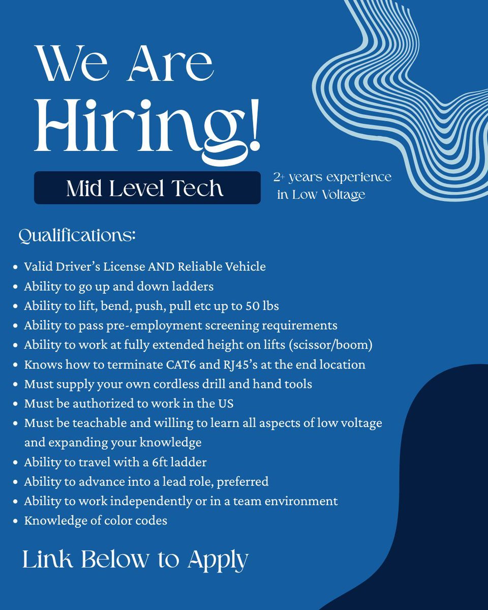 bridgecable's tweet image. We&apos;re hiring! Looking for a mid-level technician with at least 2 years of experience in low voltage. Click the link below to apply. 👇💻
indeed.com/job/low-voltag… 
#WeAreHiring #BridgeCableTeam #LowVoltageTech #ApplyToday