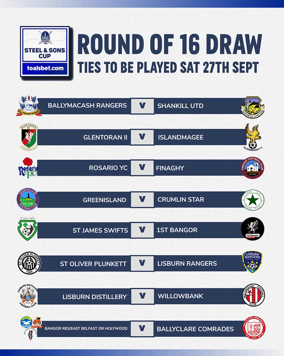 🍀 𝐒𝐓𝐄𝐄𝐋 &amp; 𝐒𝐎𝐍𝐒 🍀

𝐋𝐚𝐬𝐭 𝟏𝟔

We have been drawn at home to 1st Bangor, tie will be played on Saturday 27th September #GOTS ⚫️🟡🍀