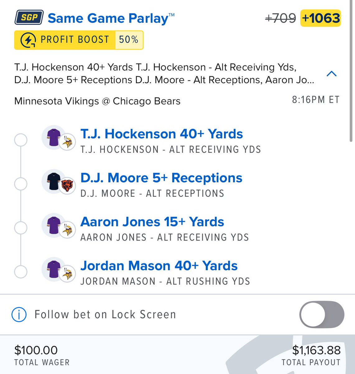 badbeetbets's tweet photo. Back at it for Monday Night Football. Little SGP sweat tonight:

T.J. Hockenson 40+ yards
D.J. Moore 5+ receptions
Aaron Jones 15+ yards
Jordan Mason 40+ yards https://t.co/8CpuTihRho