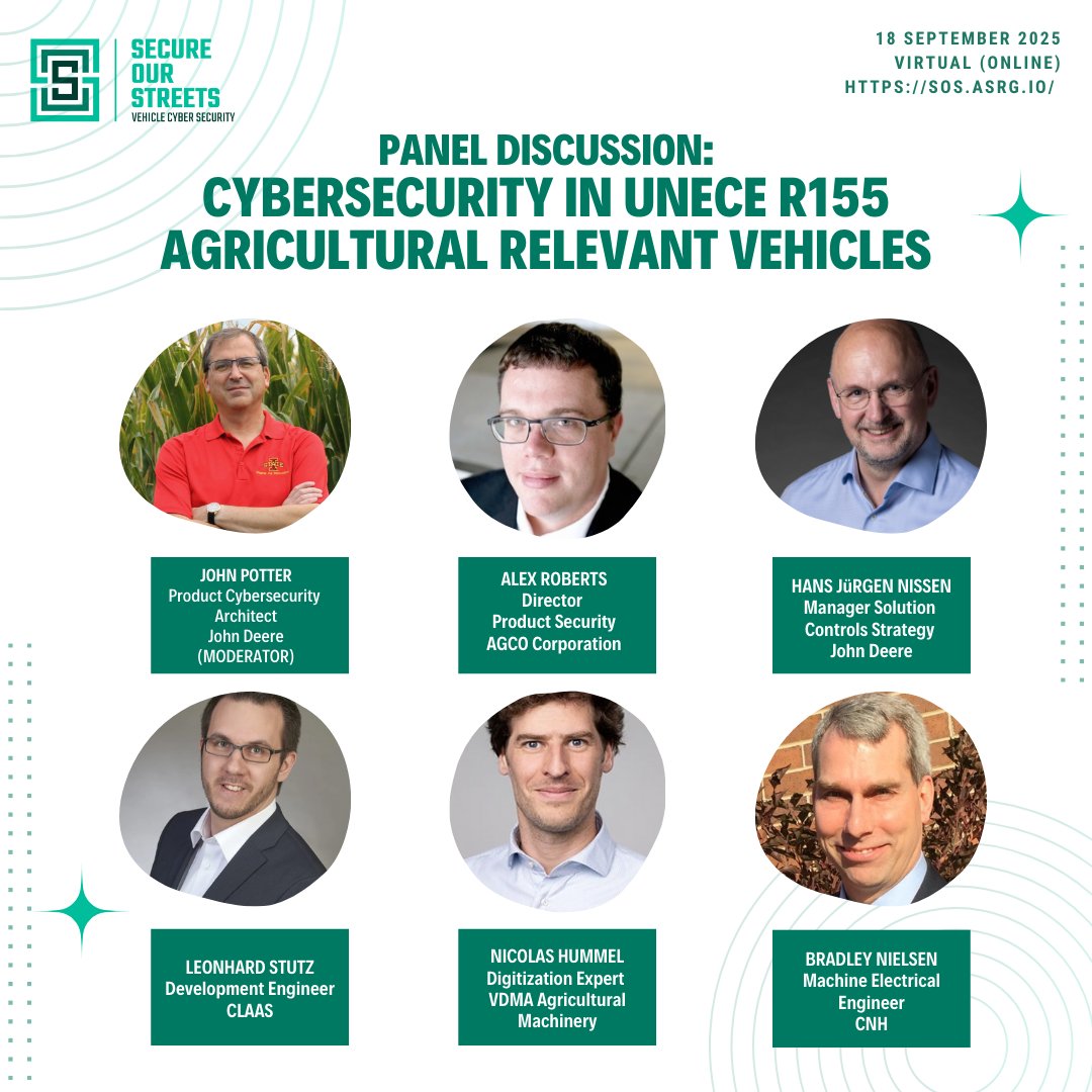 SecureOurStreet's tweet photo. 🚜🔐 Panel Spotlight

Ag machinery is getting connected &amp; automated — but what about cybersecurity?

At #SOS2025, experts will unpack UNECE R155 and share real-world practices for securing agricultural vehicles against emerging threats.

Register Now! https://t.co/WSF6XZzPRL https://t.co/73ae2TzXOA