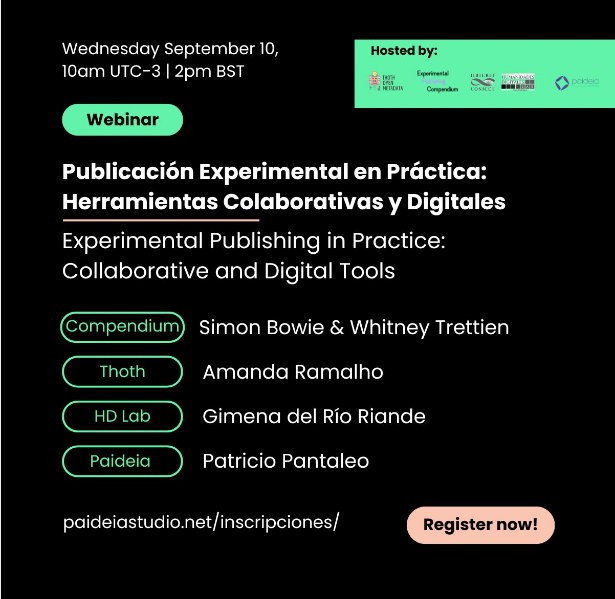 Invitación a Seminario: “Publicación experimental en práctica: herramientas colaborativas y digitales",

📅 Miércoles 10 de septiembre
🕙 10:00 AM UTC-3 / 2:00 PM BST
🌐 Online vía Zoom
🎫 Registro gratuito: lnkd.in/d6m5GfRE