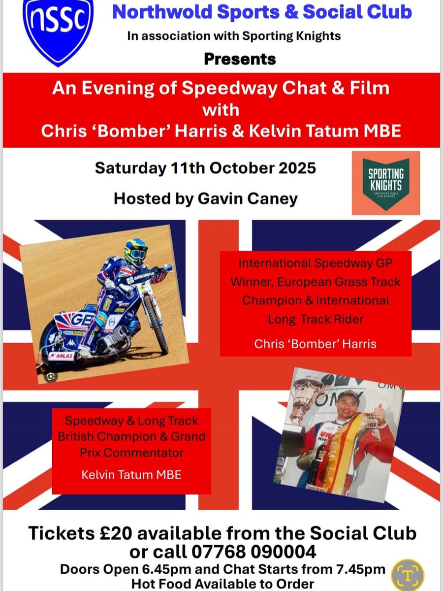 SportingKnights (@sportingknights) on Twitter photo Our NINTH event at <a href="/nsscIP26/">Northwold Sports and Social Club</a> will see popular <a href="/KLSpeedway/">King's Lynn Speedway</a> rider Chris <a href="/BomberHarris37/">Chris Harris #37</a> and the voice of the sport <a href="/Kelvin_Tatum/">Kelvin Tatum MBE</a> take centre stage to share their sports stories from decades of involvement in <a href="/SpeedwayGB/">Official British Speedway</a> and much more. Details of how to get tickets on the poster. Our NINTH event at <a href="/nsscIP26/">Northwold Sports and Social Club</a> will see popular <a href="/KLSpeedway/">King's Lynn Speedway</a> rider Chris <a href="/BomberHarris37/">Chris Harris #37</a> and the voice of the sport <a href="/Kelvin_Tatum/">Kelvin Tatum MBE</a> take centre stage to share their sports stories from decades of involvement in <a href="/SpeedwayGB/">Official British Speedway</a> and much more. Details of how to get tickets on the poster.