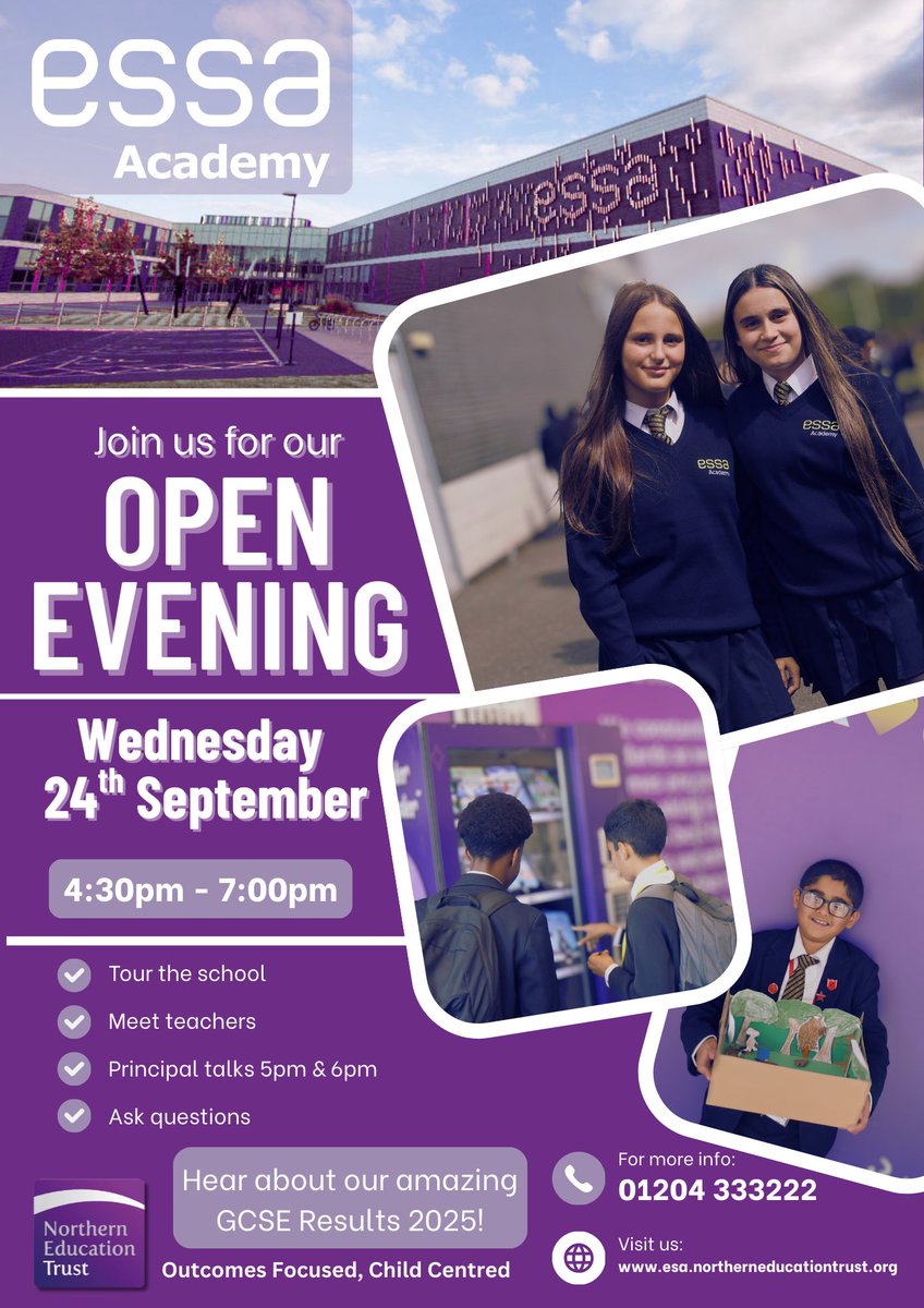 You are invited to Essa Academy Open Evening!
Wednesday 24th September 2025 4:30 - 7:00pm.
Principal Talks at 5:00pm and 6:00pm.
Come and find out about our Amazing GCSE Results 2025!
💜🤩👏🏻

<a href="/EssaPrimaryAcad/">Essa Primary Academy</a> <a href="/StBedeCEPrimary/">St. Bede CE Primary</a>  <a href="/LeverEdgePri/">Lever Edge Primary Academy</a>  <a href="/OfficeSssj/">SS Simon & Jude CE Primary School</a>  <a href="/ClarendonBolton/">Clarendon Primary</a>