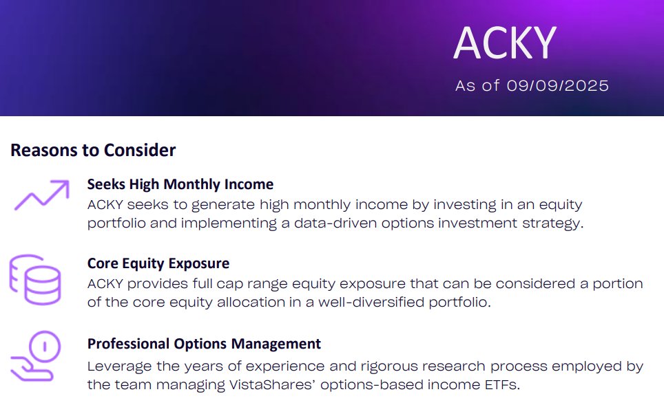 Brand new ETF $ACKY VistaShares Target 15
ACKtivist Distribution ETF 📊

Starts trading tomorrow! 📢
- 15% targeted yield + Upside potential &amp; more!

Who else will be adding some $ACKY tomorrow?