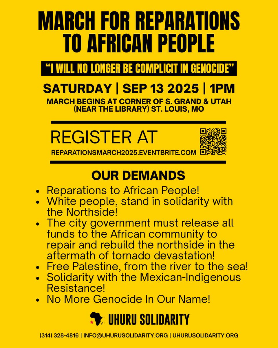 UhuruSolidarity's tweet image. USM&apos;s Days of Reparations to African People campaign continues! Join us this weekend for our annual #MarchForReparations  SAT SEP 13TH 1PM CT at the corner of  S. Grand &amp;amp; Utah (near the library) in St. Louis, MO!  Register @ ReparationsMarch2025.Eventbrite.com