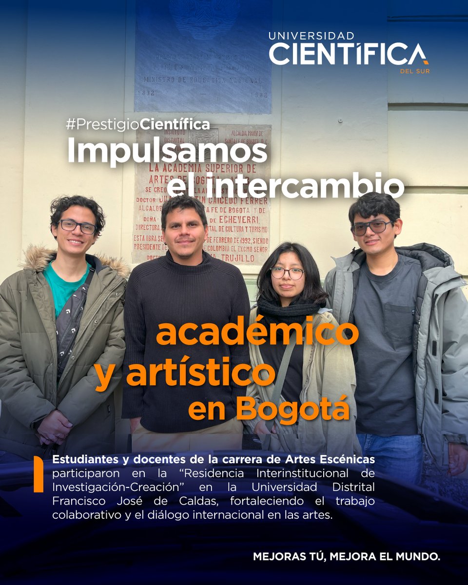 Nuestros estudiantes y docentes de Artes Escénicas viajaron a Bogotá para participar en la “Residencia Interinstitucional de Investigación-Creación”, un encuentro internacional con la Universidad Distrital Francisco José de Caldas que fomenta el intercambio cultural y académico.