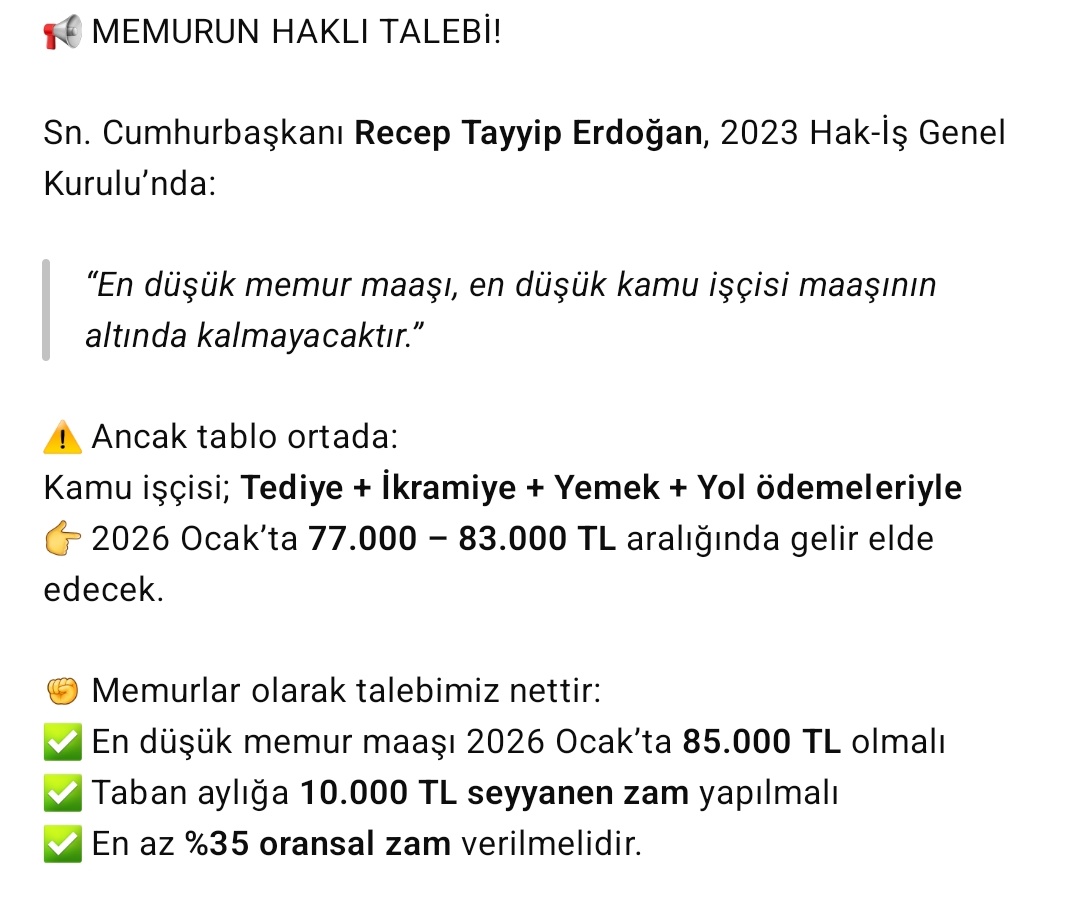 Memurlar için hemen ek protokolle :
1) Yılda 2 maaş ikramiye 
2) Yılda 4 tediye 
3) Yol, Yemek, Yakacak Yardımı,
4) Memur vasıfsız işçiden düşük alamaz
Maddeleri verilmelidir  #MemurlaraEkProtokol