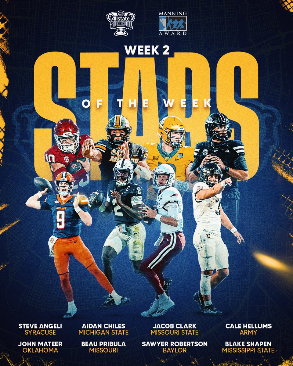 Manning Award (@manningaward) on Twitter photo ✨Week 2 Stars✨
#ManningAward Stars of the Week!
🗳️Place your votes now for your favorite QB performance. Voting closes on Wednesday at 9 AM!
🔗: allstatesugarbowl.org/news/2025/9/8/… ✨Week 2 Stars✨
#ManningAward Stars of the Week!
🗳️Place your votes now for your favorite QB performance. Voting closes on Wednesday at 9 AM!
🔗: allstatesugarbowl.org/news/2025/9/8/…