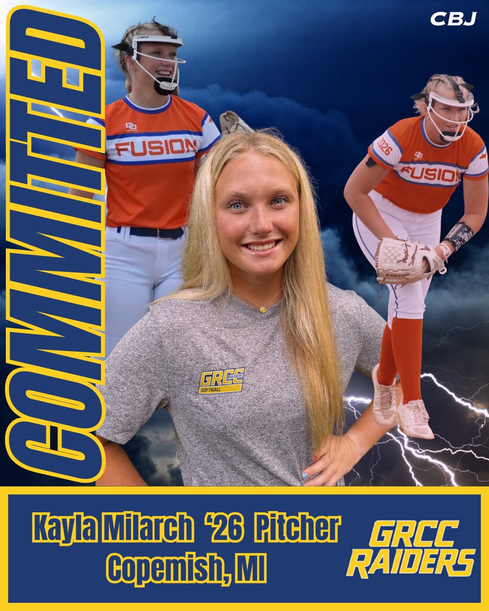 CollegeBDJocks's tweet photo. 💥💥 COMMITMENT ALERT 💥💥
Congrats to 2026 P, @kaylamilarch12 (@231fusionfunk), on her commitment to @GrandSoftball. Kayla's velo and command in the circle plus her strong bat should prove to be an immediate impact for the Raiders. Well done, Kayla!!!
#GetCollegeBound
#SheGotCollegeBound