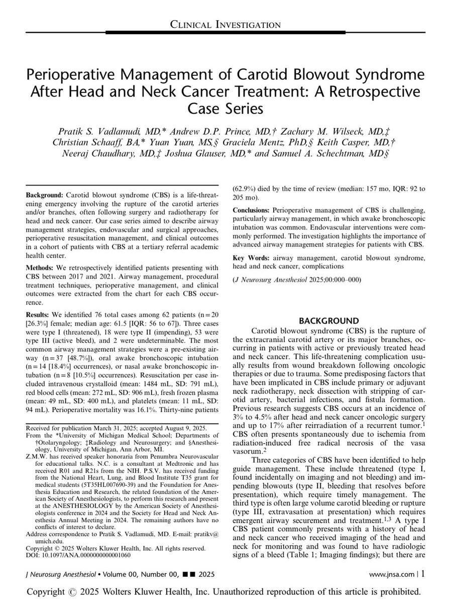 Great teamwork to better understand and optimize care in head and neck cancer led by <a href="/PratikVadlamudi/">Pratik Vadlamudi</a> <a href="/umichmedicine/">Michigan Medicine</a> <a href="/UMichMedSchool/">University of Michigan Medical School</a> <a href="/UMichOto/">Michigan Otolaryngology</a> <a href="/UMichAnesthesia/">Michigan Anesthesiology</a> <a href="/UMichRadiology/">Michigan Radiology</a> <a href="/umichheadneck/">University of Michigan Head & Neck Oncology</a> <a href="/shanasociety/">SHANA - Society For Head and Neck Anesthesia</a>