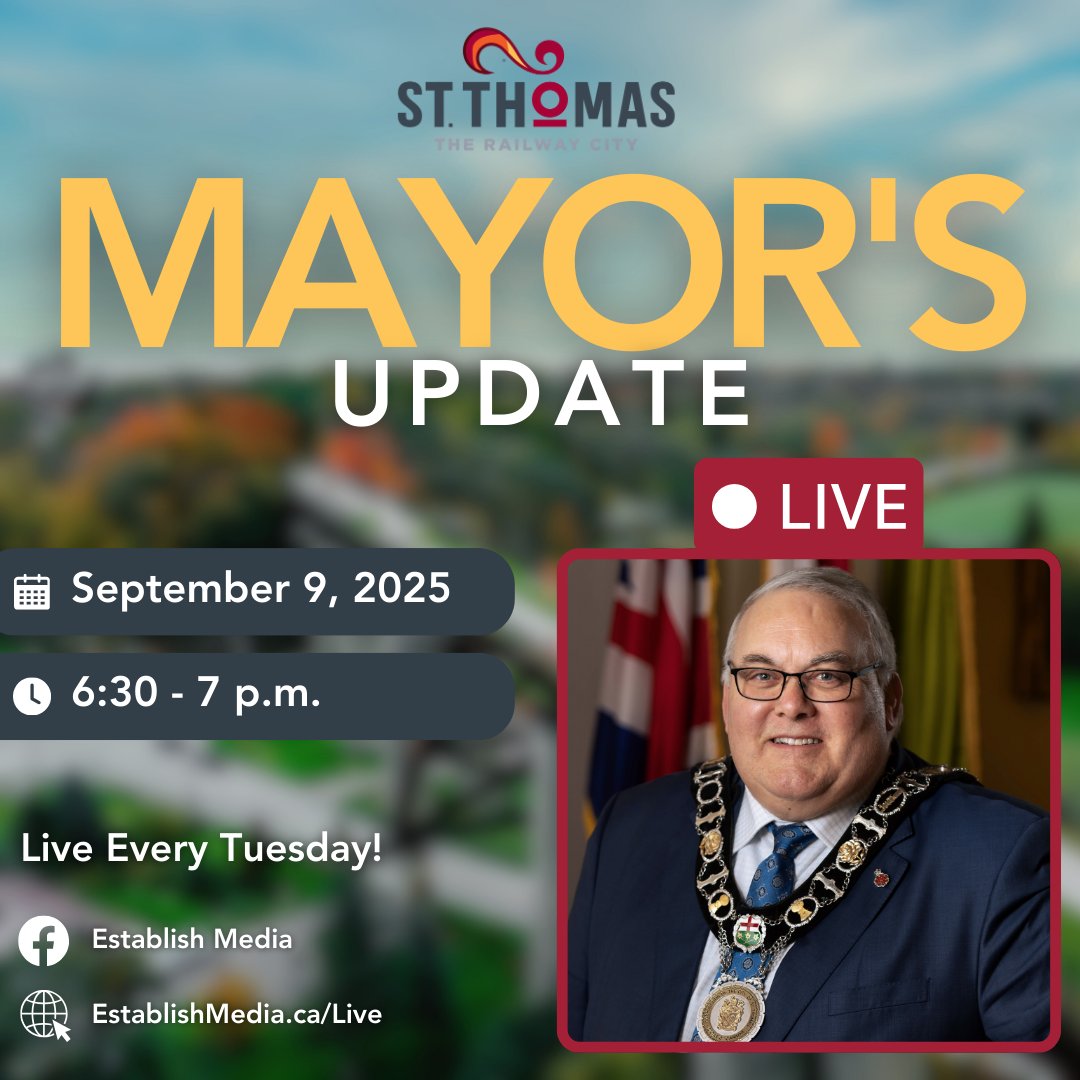 🔔 Live tonight: Mayor's Update!

Join Mayor Preston in an open forum as he chats about what's happening in our beautiful city!

📆 Monday, September 9, 2025
⏰ 6:30 p.m.

Join live by following the link below:
👉 facebook.com/establishmedia

#TheRailwayCity #StThomasON
