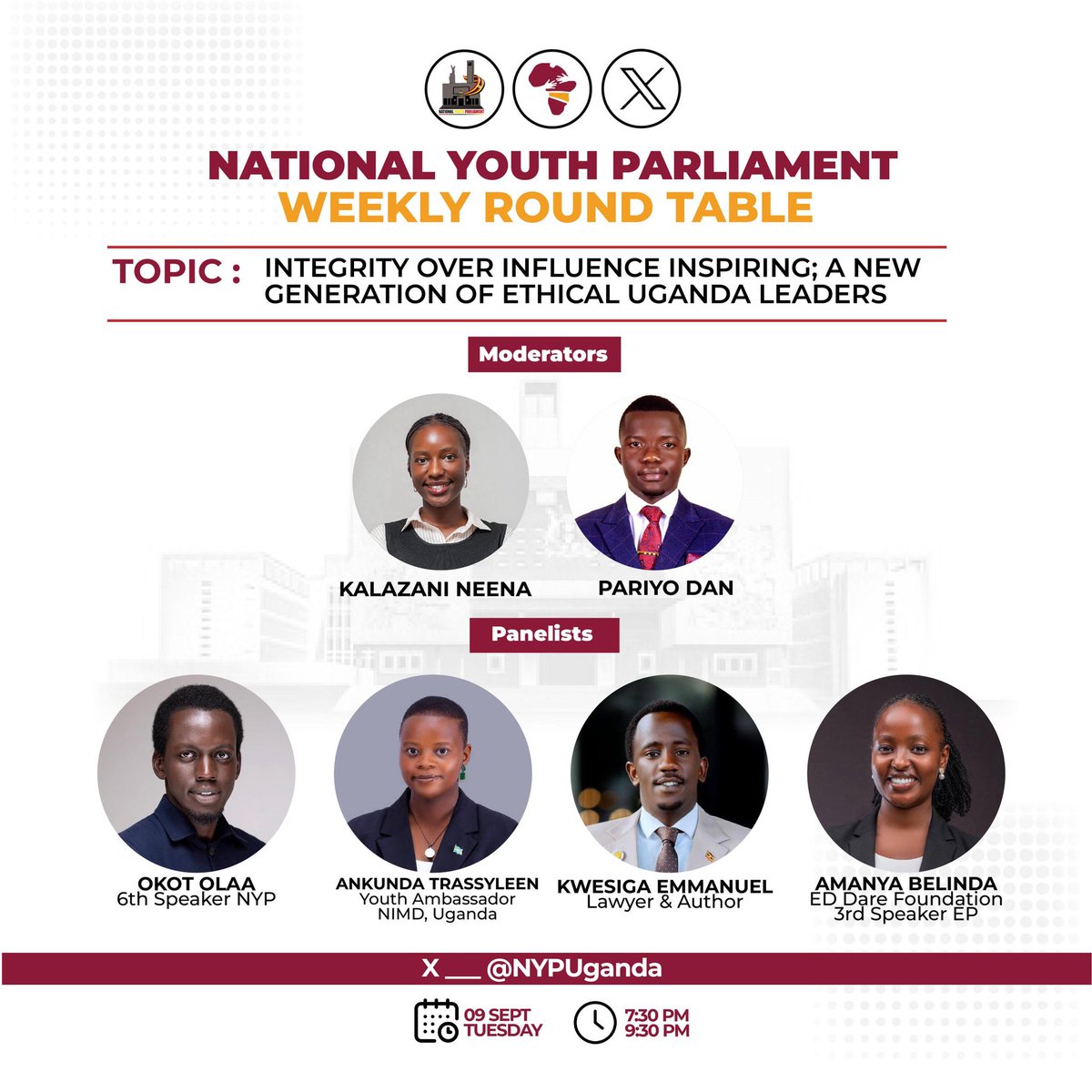 Tomorrow (Tuesday) 9th September (7:30pm) will mark the inauguration of the National Youth Parliament- Weekly Roundtable Conversations. <a href="/NYPUganda/">National Youth Parliament of Uganda</a> 

I must genuinely commend <a href="/rodney_adroni/">Adroni Rodney</a> and your team for this initiative. No doubt, these intellectual discourses are very