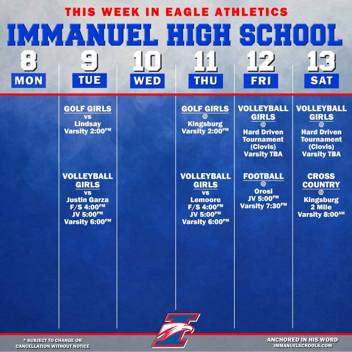 Immanuel Athletics (@ihsnation) on Twitter photo Here is the schedule for high school athletics this week! <a href="/IHSEaglesFB/">Immanuel Football</a> 
#GoEagles Here is the schedule for high school athletics this week! <a href="/IHSEaglesFB/">Immanuel Football</a> 
#GoEagles